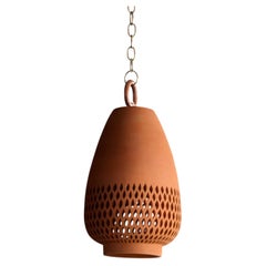 Small Terracotta Ceramic Pendant Light, Aged Brass, Diamantes Atzompa
