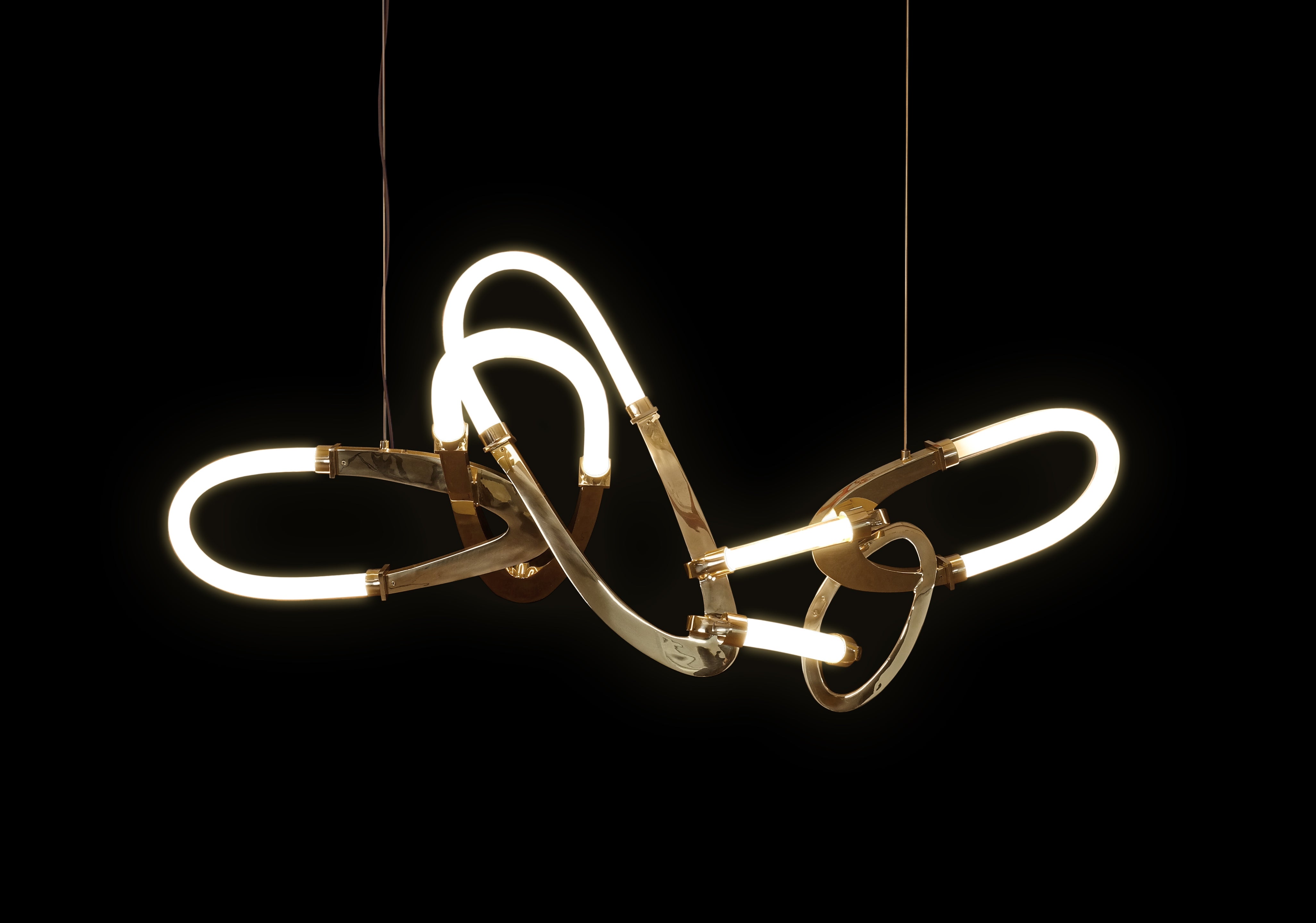 Bouchon Chandelier: Interlocked Circular Sculptural Elements of Bronze and Glass For Sale