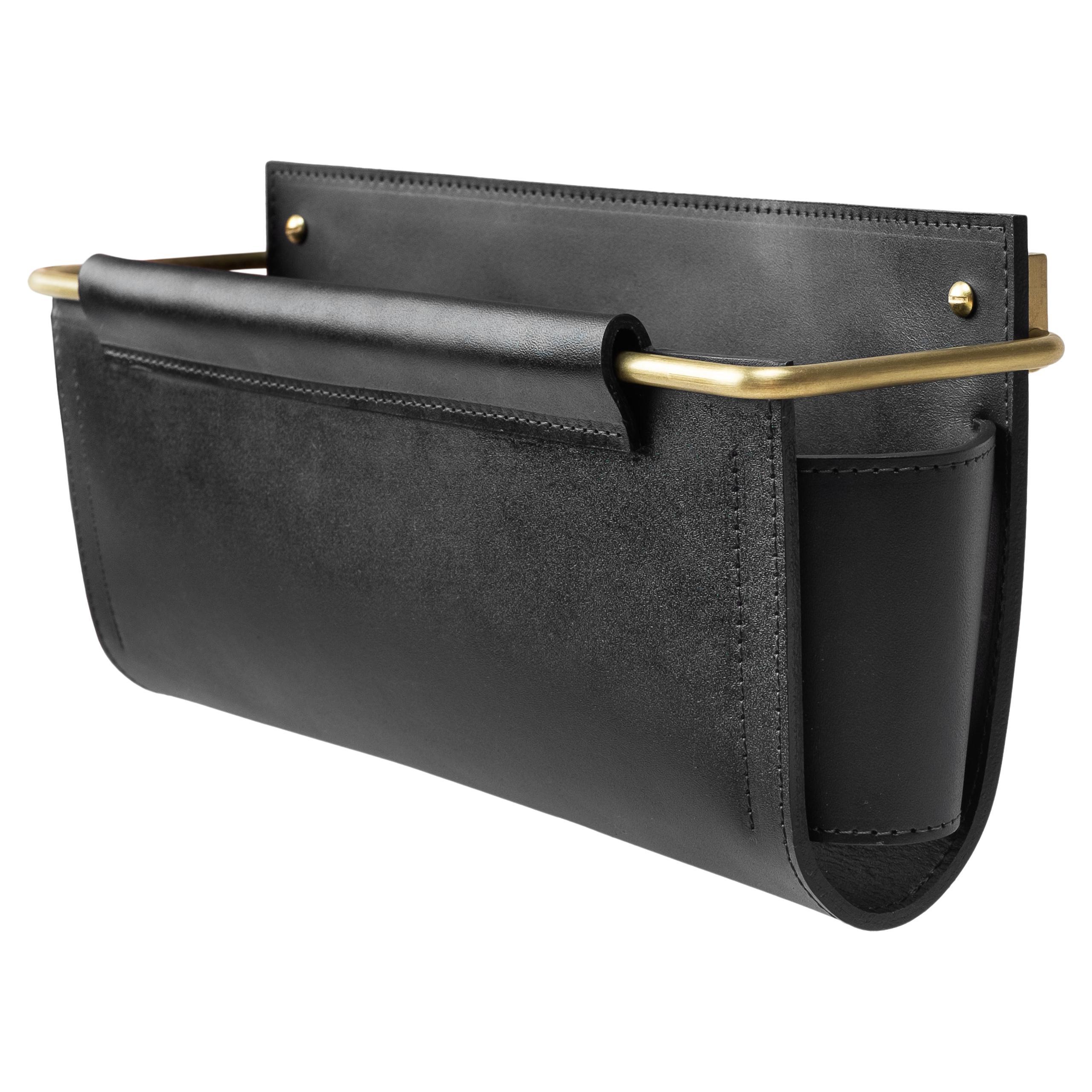 12" x 8" Black Leather/Brass Wall Pocket by Moses Nadel