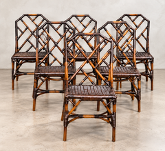 Set of 6 Chinese Chippendale Style Rattan Dining Chairs & Table By Angraves, 70s