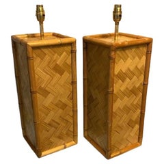 Pair of Mid Century Coastal Square Parquet Rattan Table Lamps, American, 1970s