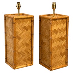 Pair of Mid Century Coastal Square Parquet Rattan Table Lamps, American, 1970s