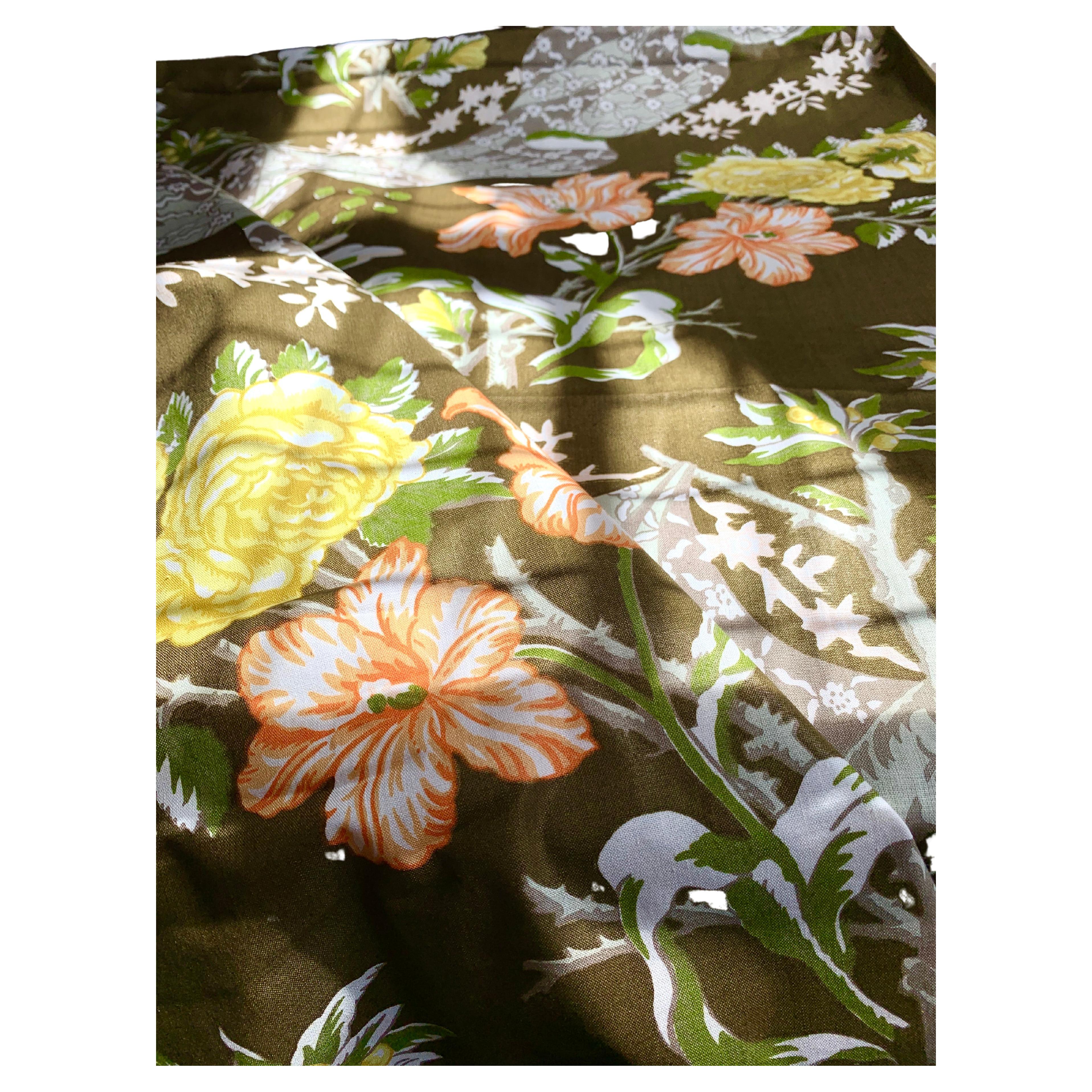 Moss Green Floral Trompe L’Oeil Handprinted Linen, Schumacher, Kent Garden, 1971