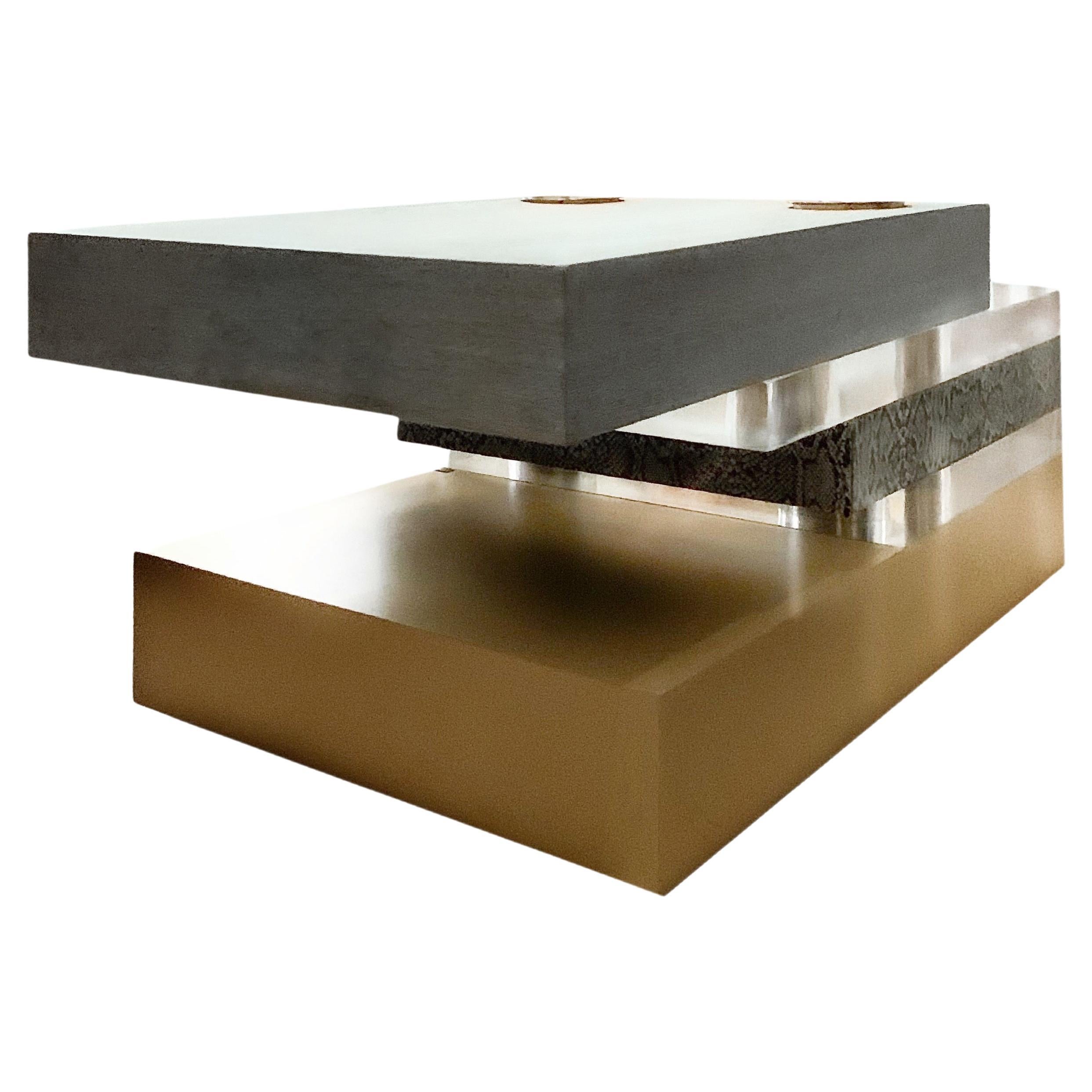 Stacked plinth brass and Lucite coffee cocktail table Susan Hornbeak-Ortiz, 2000s. Custom cocktail table, gorgeous sculptural work. Pale gray oak, polished brass plinth, Lucite and other luxury materials. MSRP of over 13,800 USD.