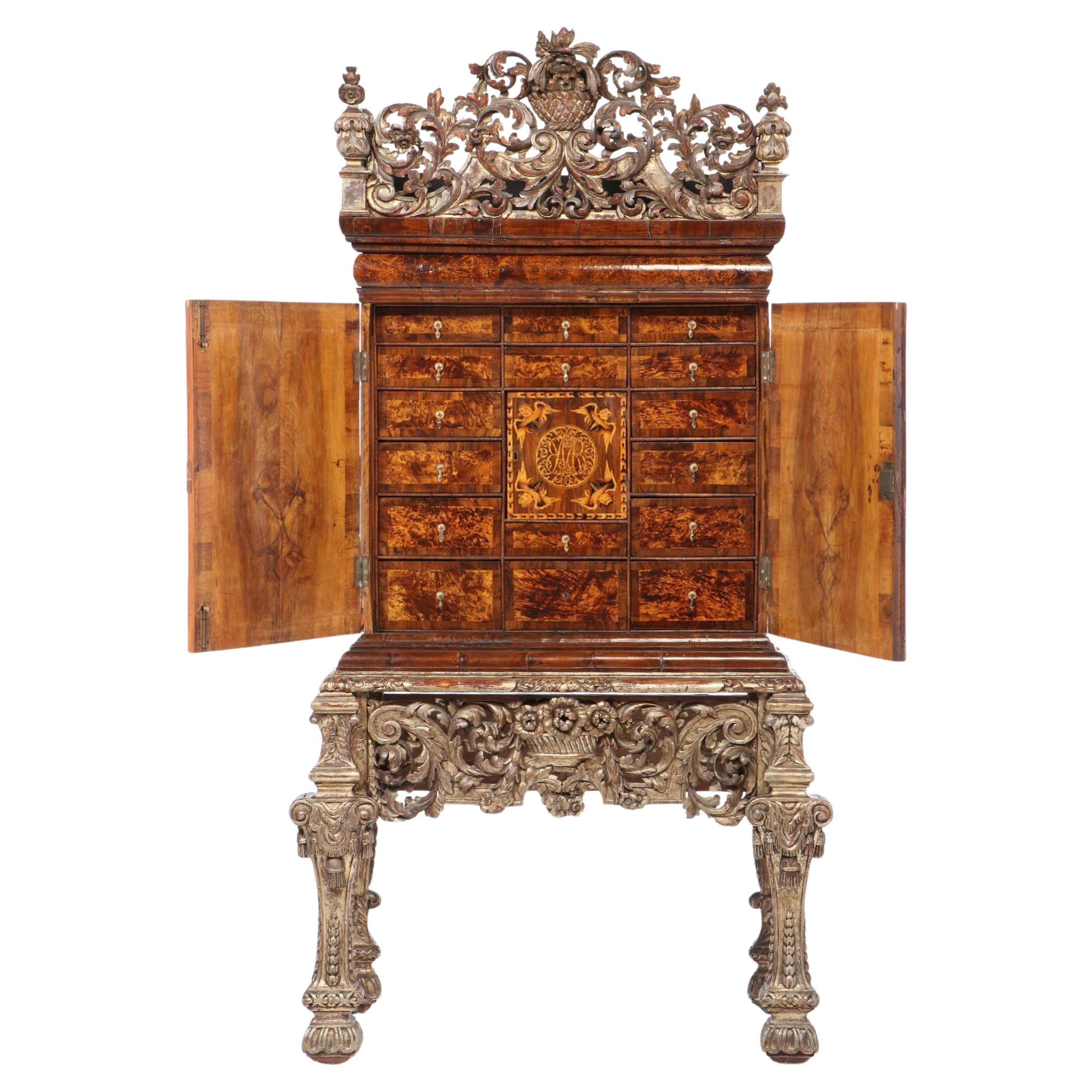 Charles II Walnut, Mulberry Marquetry Cabinet, Gilt Stand, 17th C H.F. du Pont