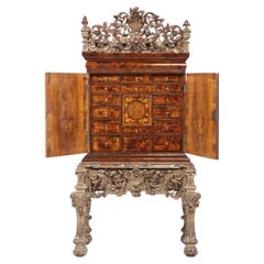 Antique Charles II Walnut, Mulberry Marquetry Cabinet, Gilt Stand, 17th C H.F. du Pont