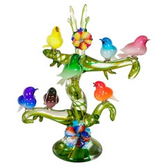 Colorful Murano Glass Birds in a Tree Sculpture, Enrico Cammozzo, Italy, 1970s