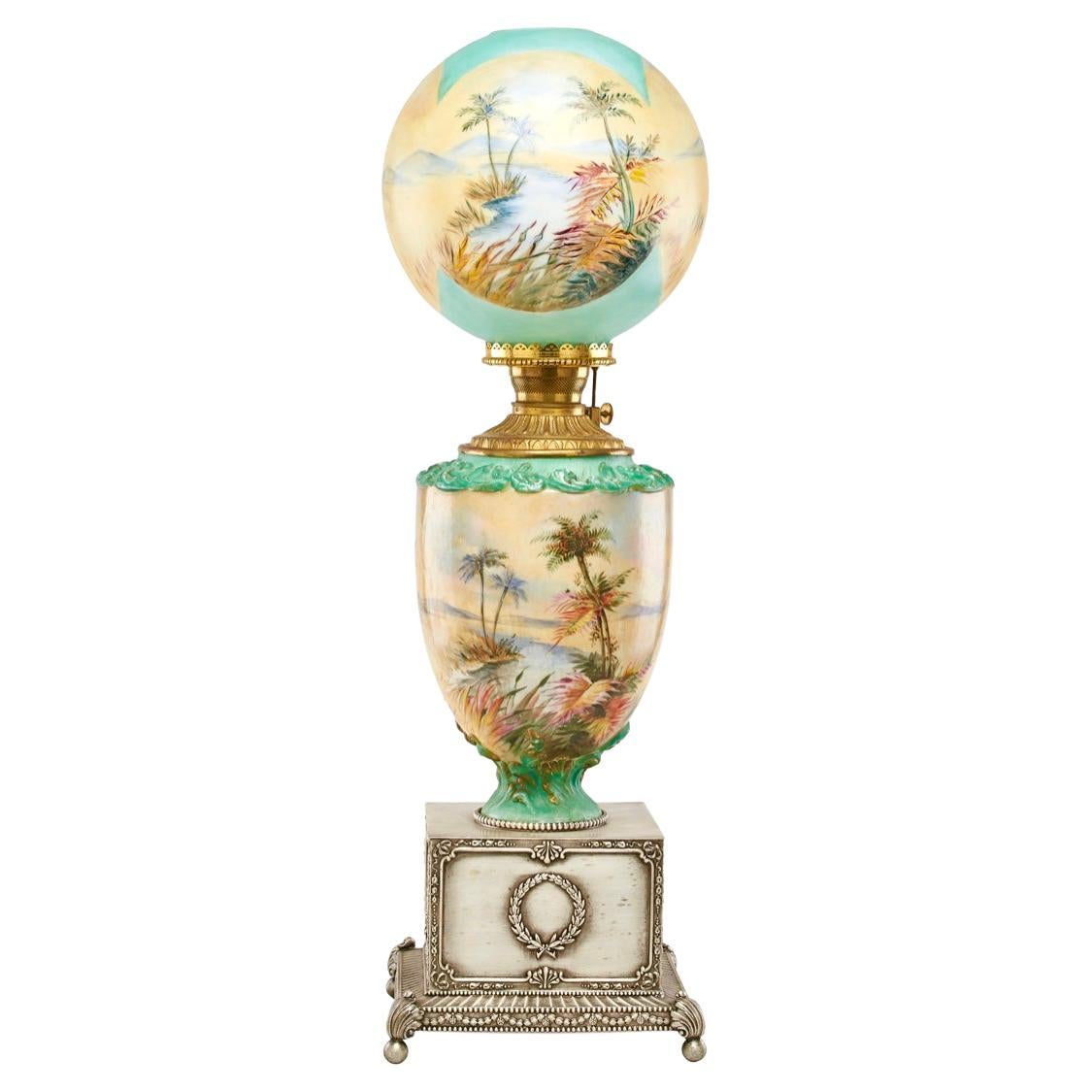 Pairpoint Monumental Hand-Painted Orientalist Oil Lamp, Pyramids, Palms c 1905