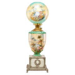 Antique Pairpoint Monumental Hand-Painted Orientalist Oil Lamp, Pyramids, Palms c 1905