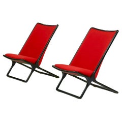 Ward Bennett for Brickel Black Ash Scissor Lounge Chair, Red Wool Bouclé, 1984 