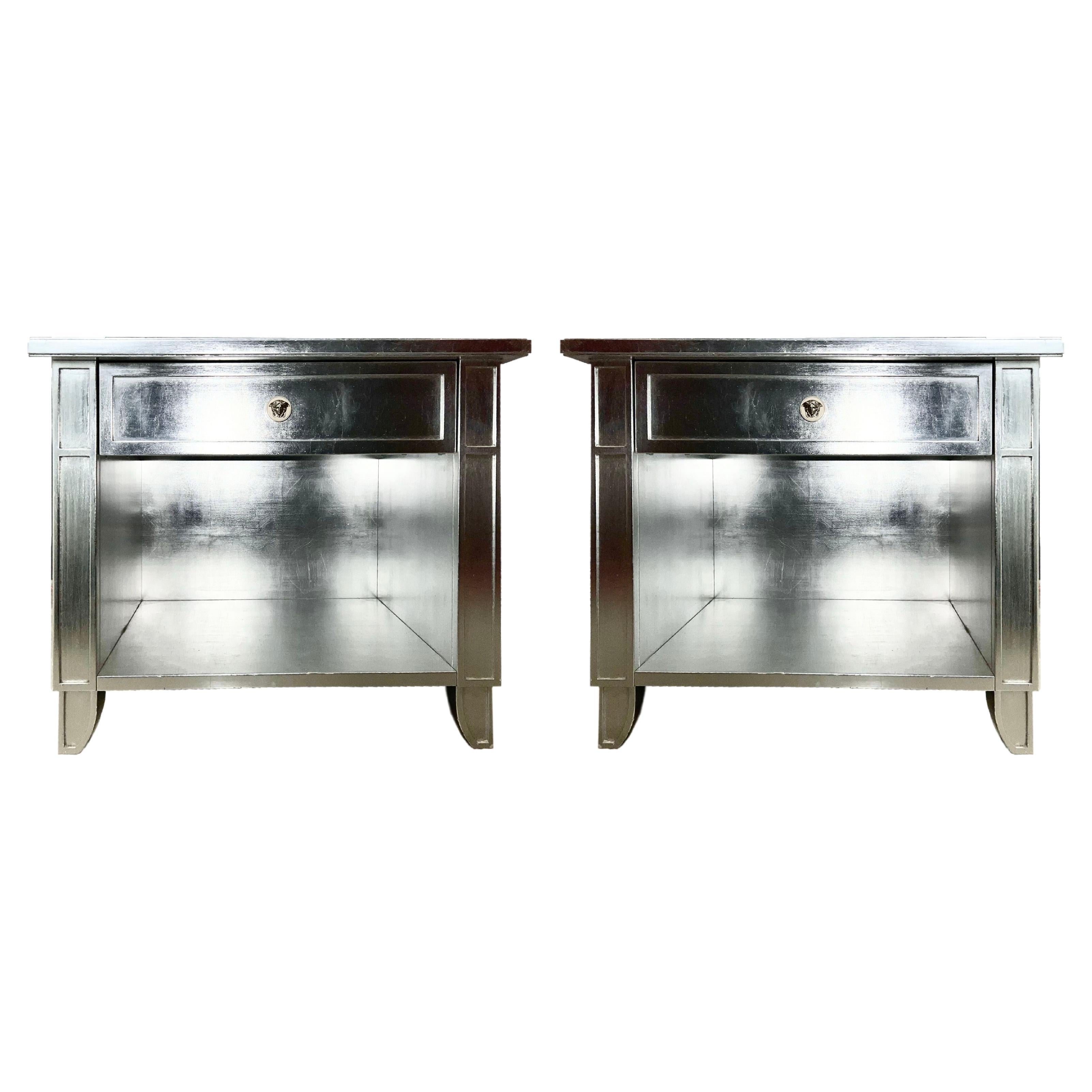 Versace Silvered End Table Pair with Drawer, Medusa Handle, Gianni Versace, 1995