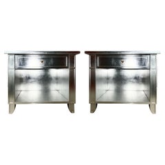 Vintage Versace Silvered End Table Pair with Drawer, Medusa Handle, Gianni Versace, 1995