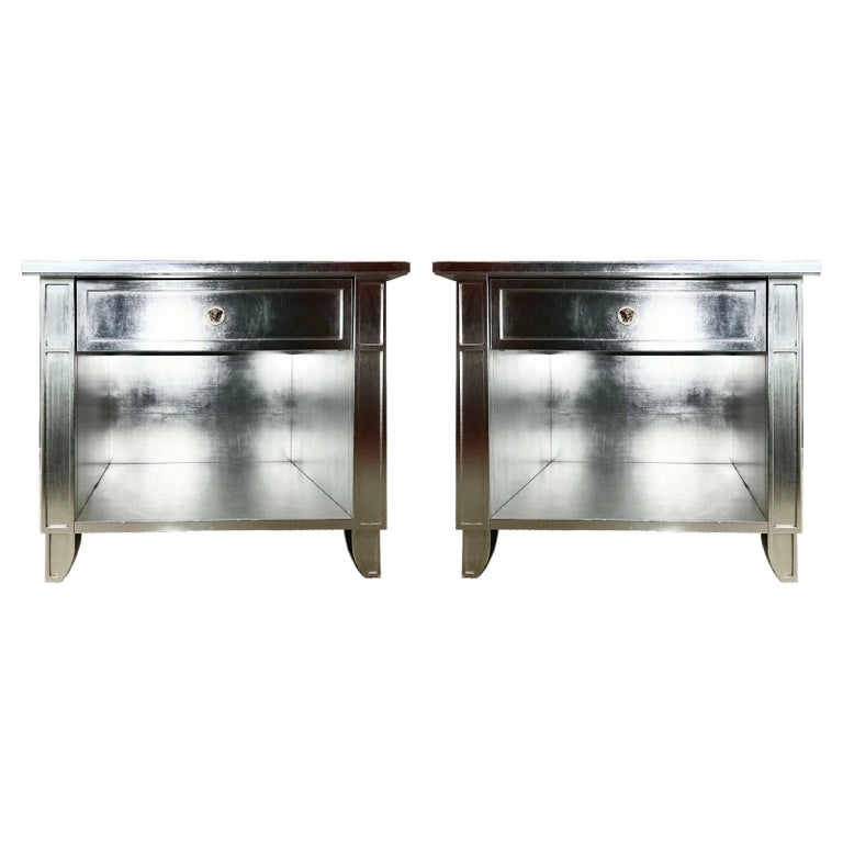 Versace Silvered End Table Pair with Drawer, Medusa Handle, Gianni Versace, 1995 For Sale