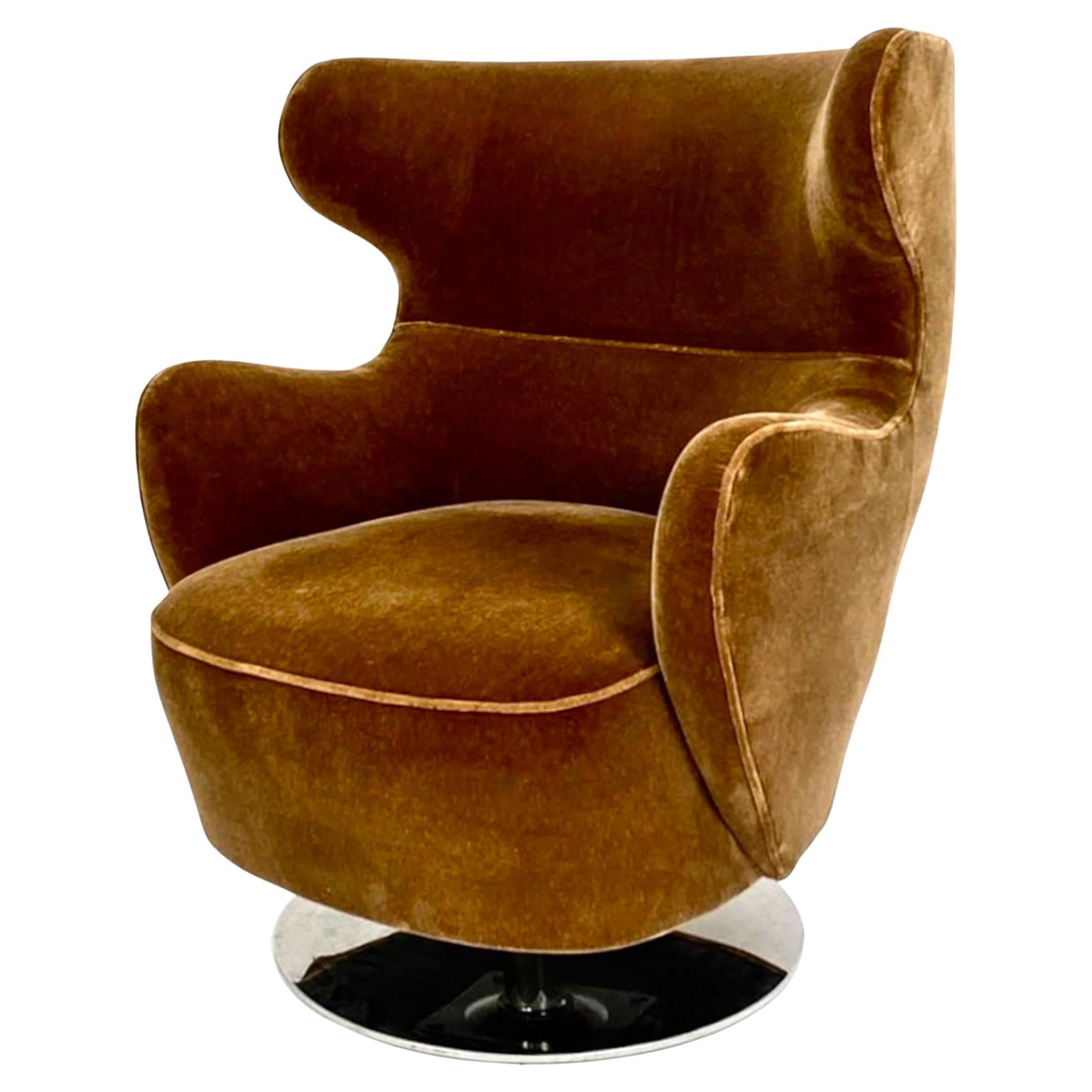 Vladimir Kagan mohair wing chair 100c, polished nickel swivel base, holly hunt. Gorgeous Amber Whiskey Mohair Custom piece. Rare metal swivel base version in polished nickel. 
Designed in 1947 yet remarkably compatible with contemporary living