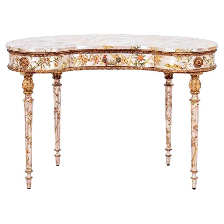 Gilt, Silvered and Hand Painted Kidney Dressing Table, Desk, Louis XVI Manner