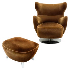 Vladimir Kagan Mohair Wing Chair 100c-S & Ottoman, Polished Nickel, Swivel