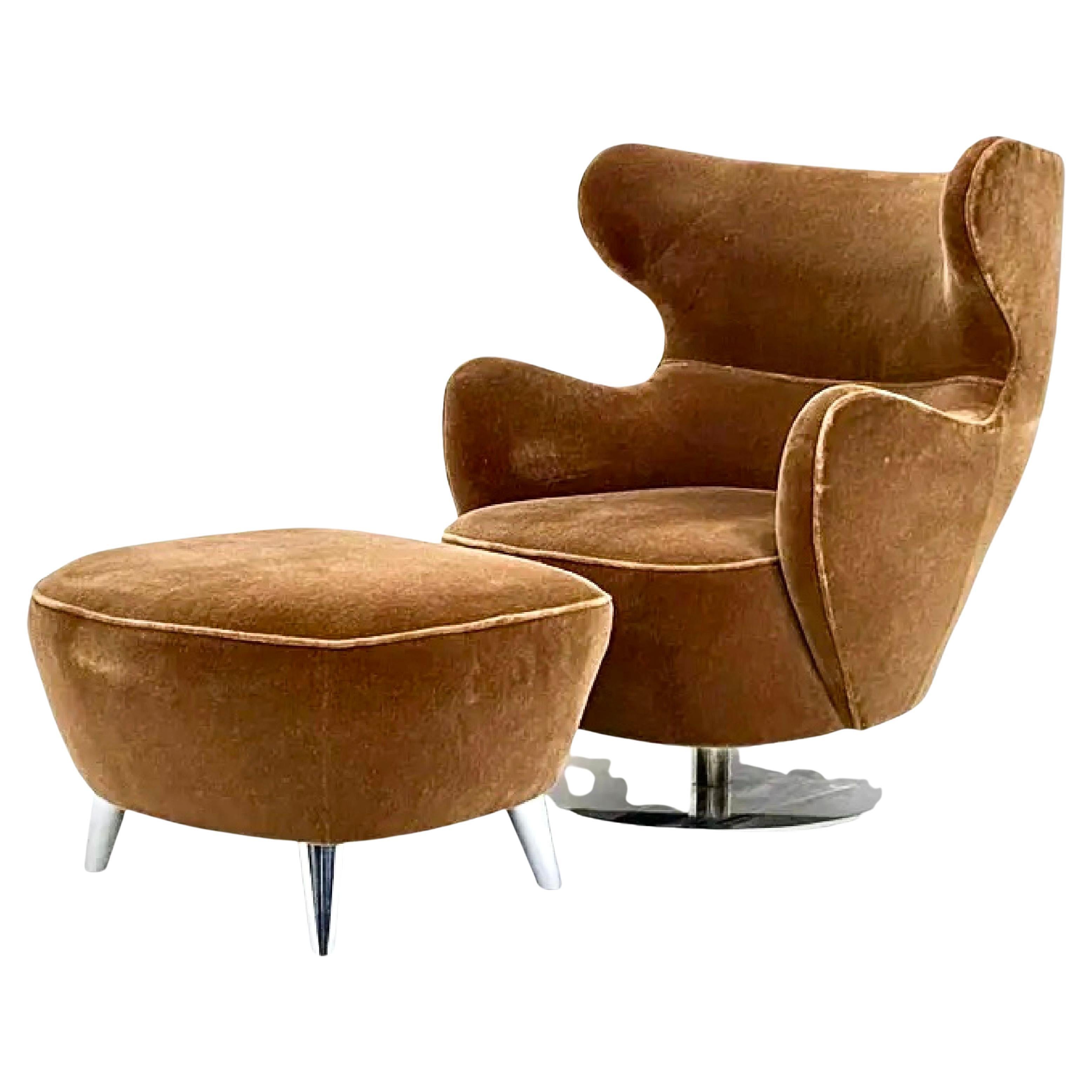 Vladimir Kagan 100C-S Mohair Wing Chair & 100BF Barrel Ottoman, Polished Nickel, Holly Hunt. Gorgeous Amber Whiskey Mohair Custom piece. Rare metal swivel base version in polished nickel. 
Designed in 1947 yet remarkably compatible with contemporary
