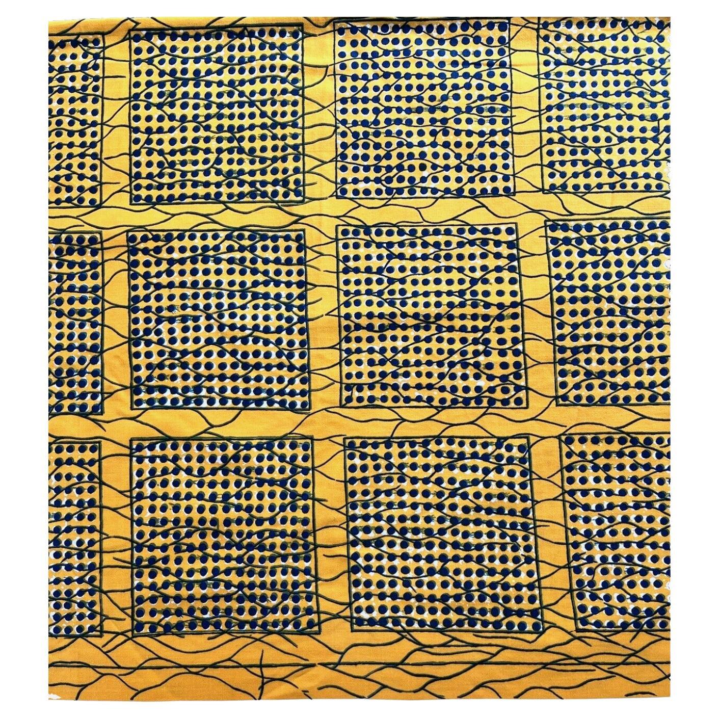 Textil estampado a mano Brunschwig & Fils Yakarta, geométrico amarillo y azul, años 70. en venta
