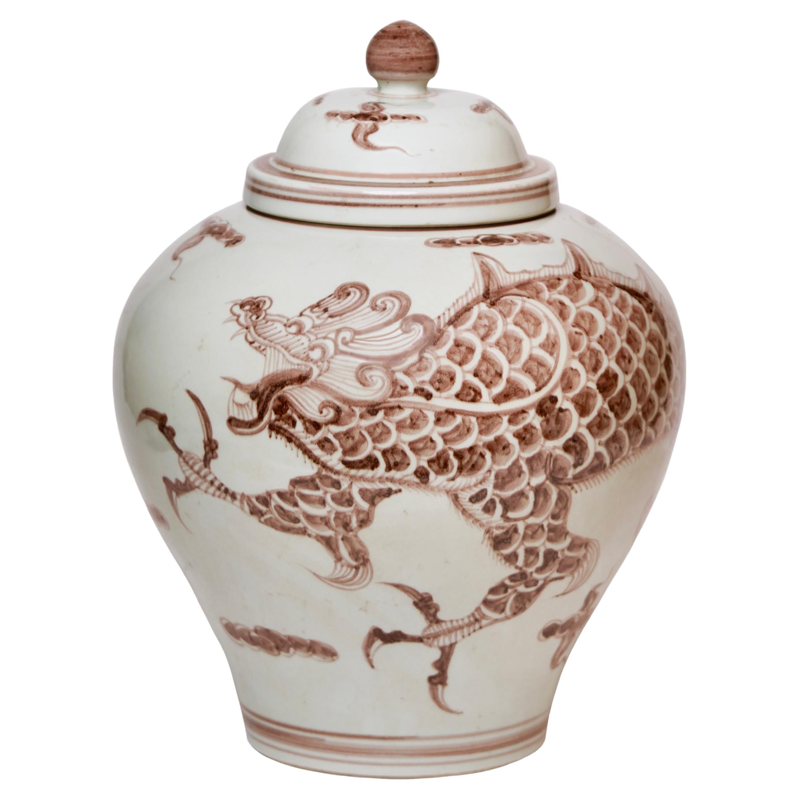 Rustic Grass Dragon Red and White Porcelain Temple Jar For Sale