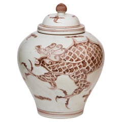 Vintage Rustic Grass Dragon Red and White Porcelain Temple Jar