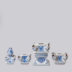 Tulipiera decorativa in porcellana, bassa, con motivi floreali blu e bianchi