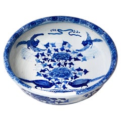 Blue and White Porcelain Bird and Flower Low Bowl