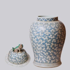 Large Porcelain Temple Jar in Light Grey with White Plum Blossoms