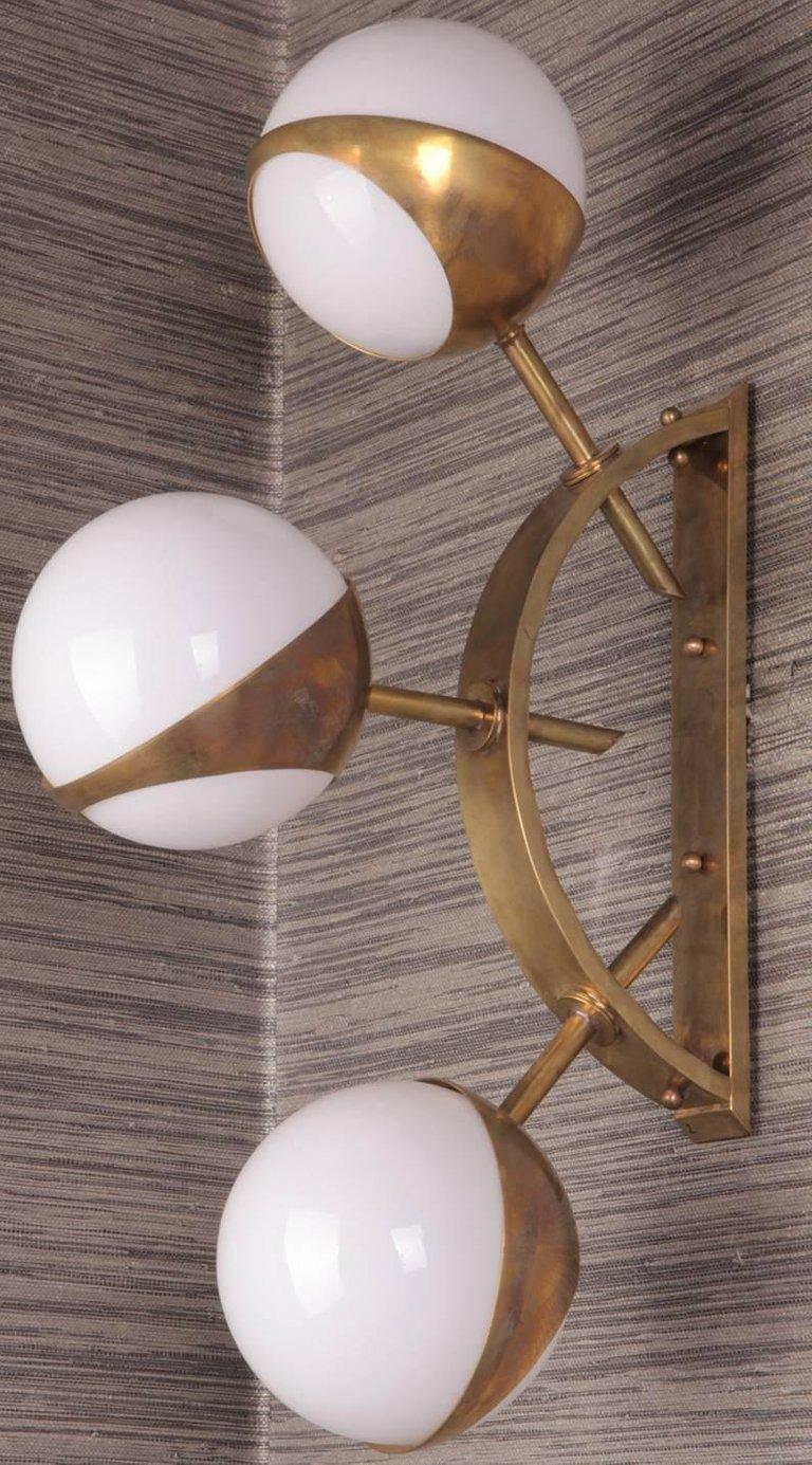 Italian Triple Orb Brass and Opal Glass Wall Lights in the Style of Stilnovo