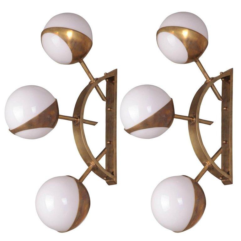 Triple Orb Brass and Opal Glass Wall Lights in the Style of Stilnovo In New Condition In London, GB