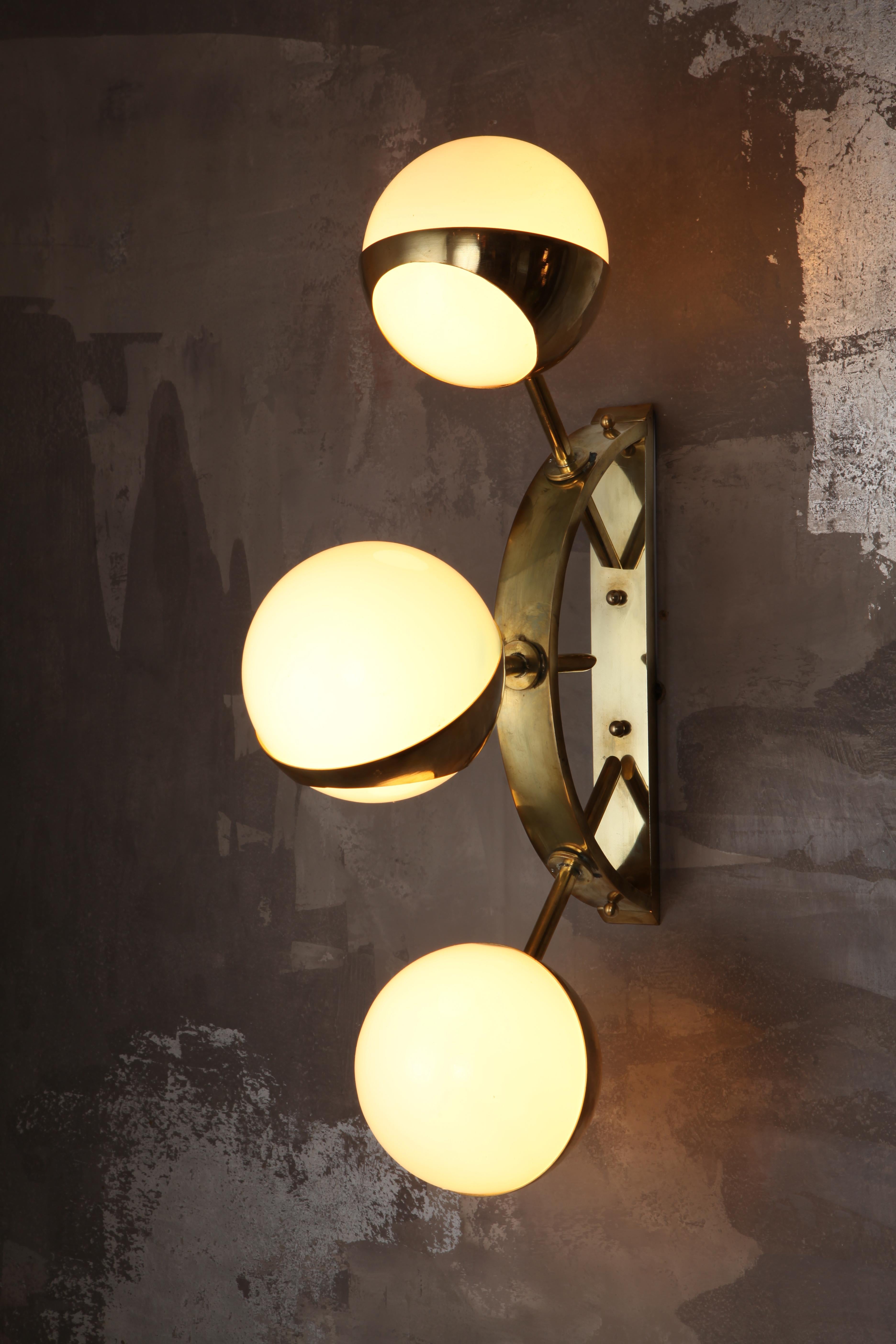 Contemporary Triple Orb Brass and Opal Glass Wall Lights in the Style of Stilnovo