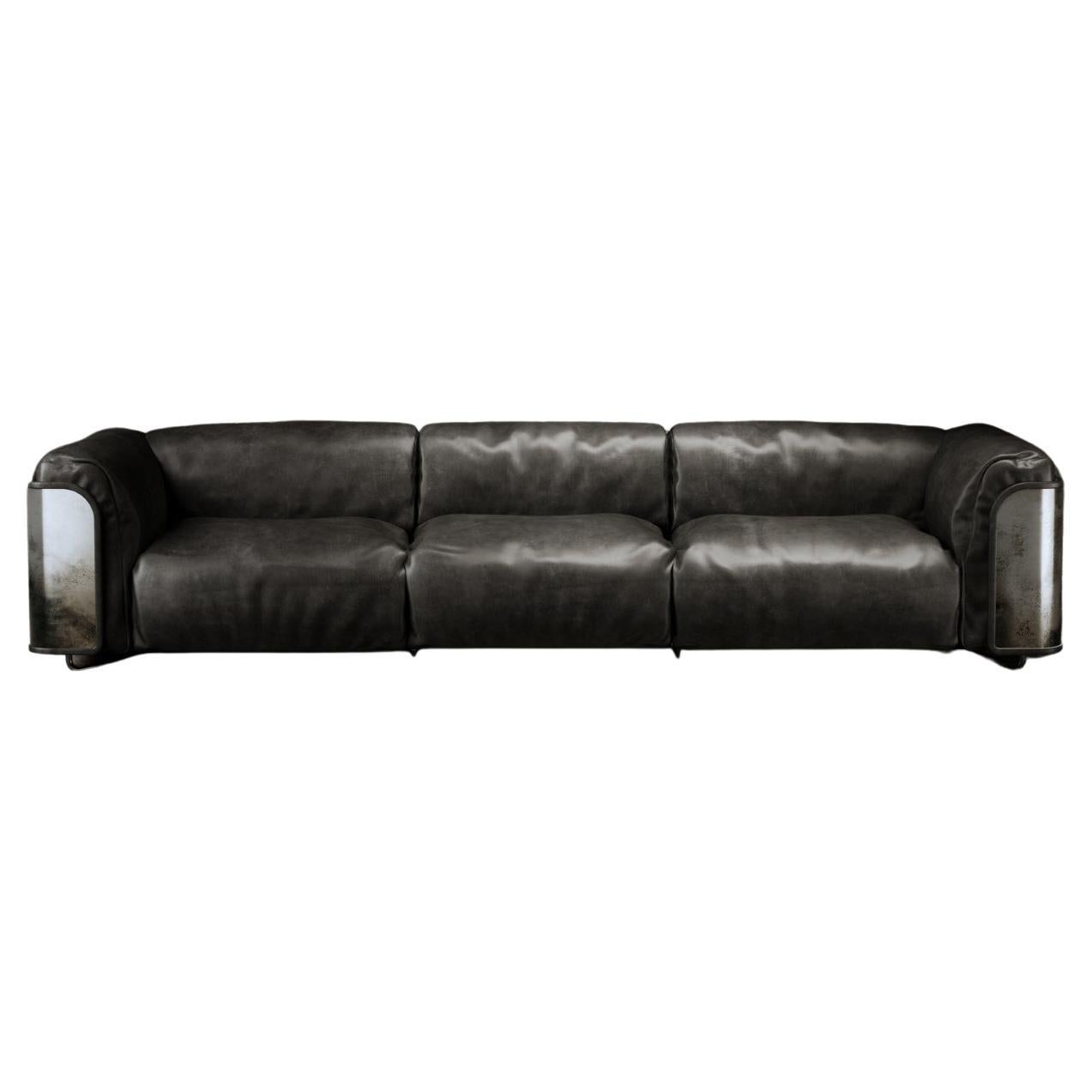 Saint-Germain 3-Sitzer-Sofa aus schwarzem Timeless-Leder und Raw Silver im Angebot