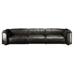 Saint-Germain 3-Sitzer-Sofa aus schwarzem Timeless-Leder und Raw Silver