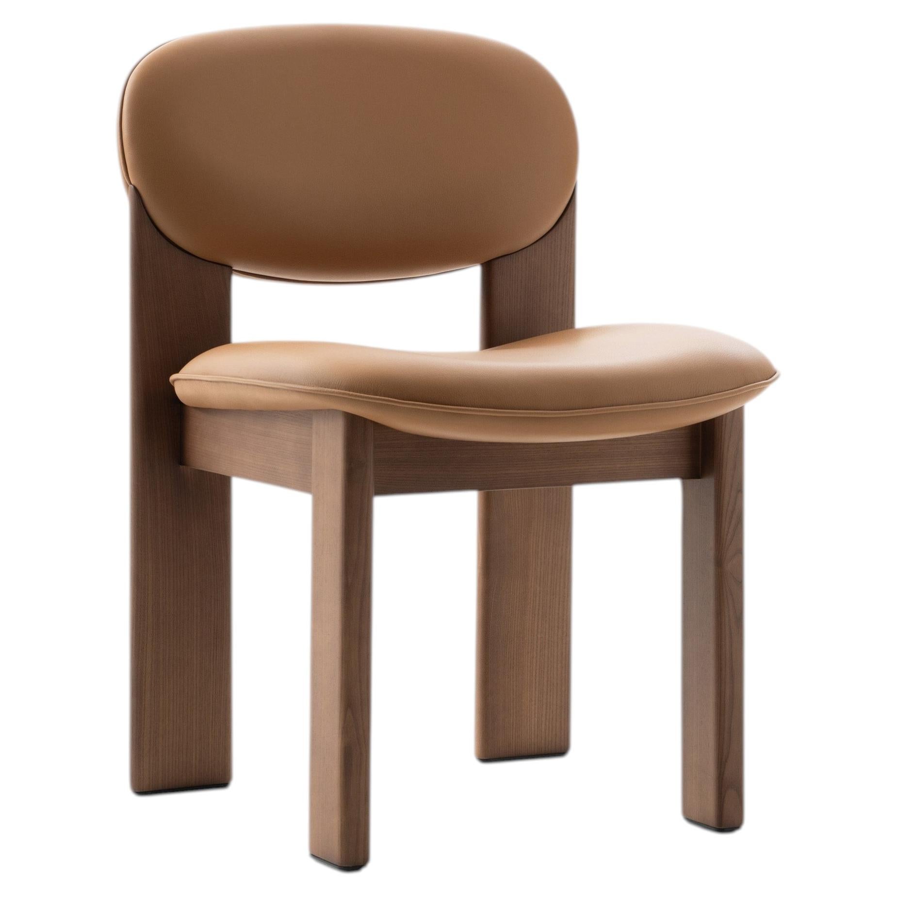 Sculptural Wooden Dining Chair Archipen by NOOM, Genuine Leather, Ash, Tan Color