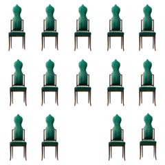 Set of 14 Tommi Parzinger Style Dining Chairs in Green Velvet with Walnut Frames