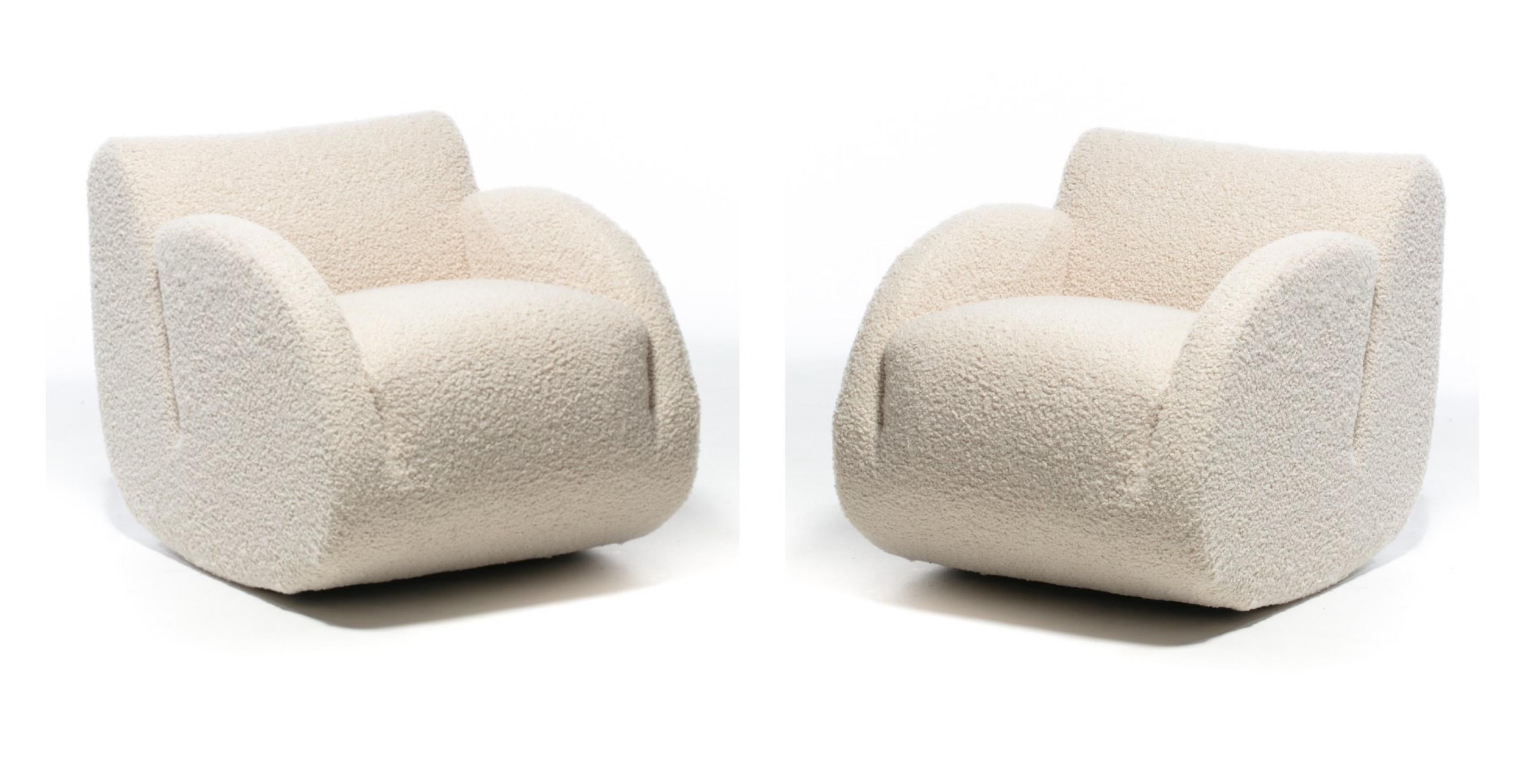 You rock in this pair of Vladimir Kaga rocking lounge chairs newly professionally reupholstered in soft deliciously textured ivory white bouclé. Rock all day with some Rosé and share a moment with a friend. Spaceship lounge ultra modern look that's