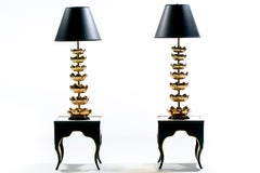 Vintage Hollywood Regency Black Lacquered and Gilt Marble Topped Accent Tables