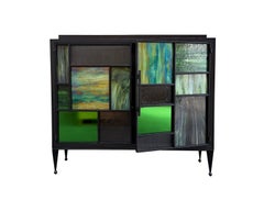 Modern Metal and Oak Vitrine Dry Bar Cabinet with Green Glass by Ercole Home