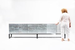 Modern Six Door Mystic Glass Buffet With Chelsea Metal Base by Ercole Home