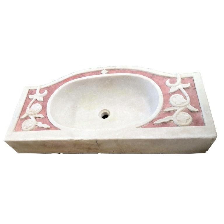 Classical Inlaid Carved Marble Stone Sink Basin In Good Condition For Sale In Cranbrook, Kent