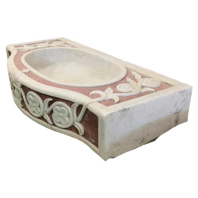 Classical Greek Classical Inlaid Carved Marble Stone Sink Basin For Sale