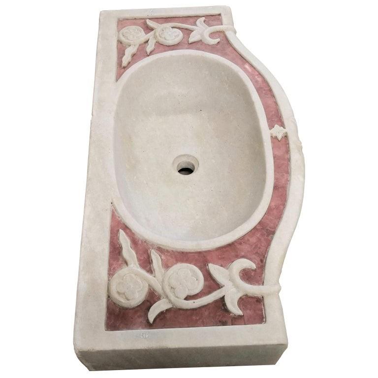 Italian Classical Inlaid Carved Marble Stone Sink Basin For Sale