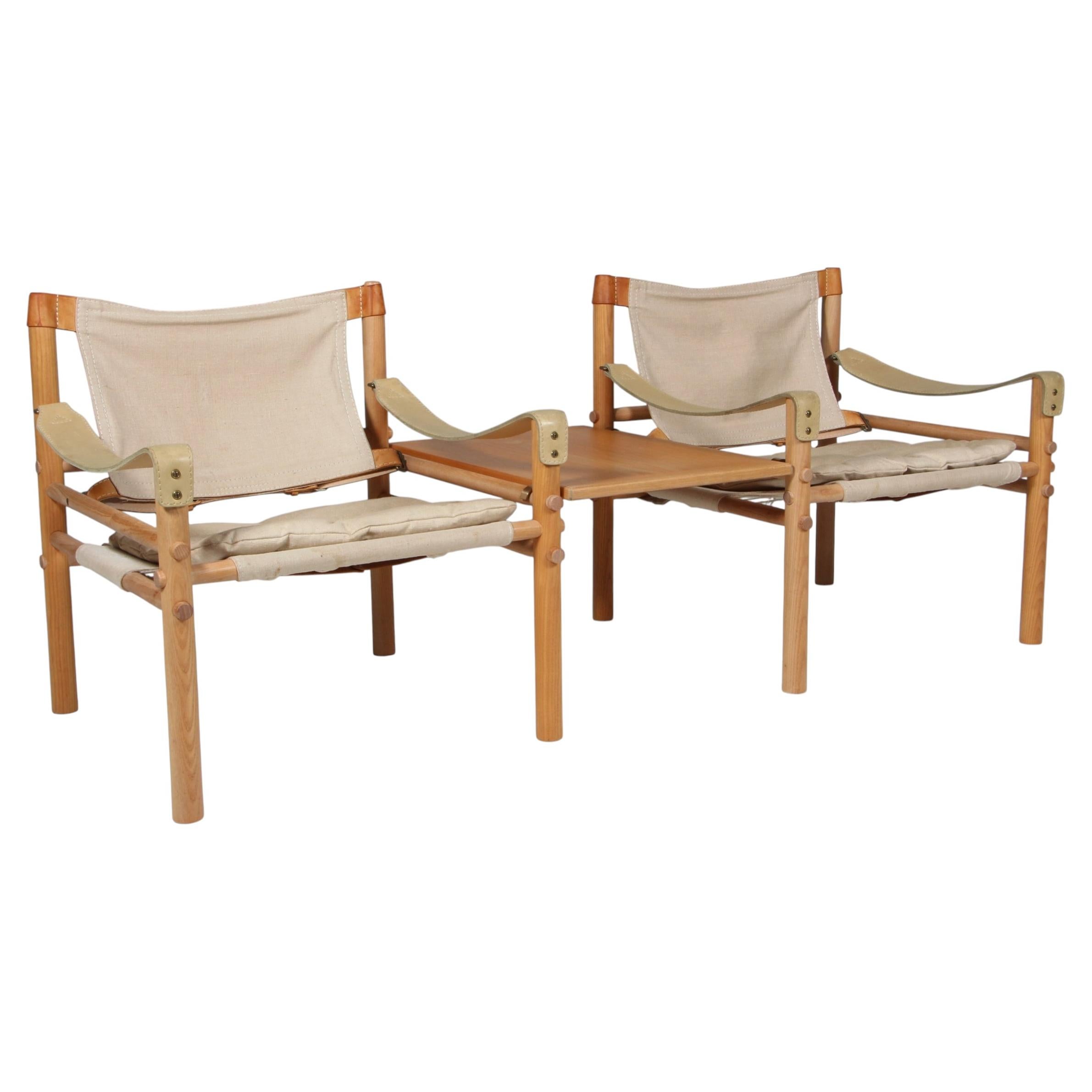 Arne Norell Scirocco Lounge Chairs with table, Ash Frame and Leather Cushions For Sale