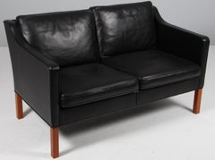 Børge Mogensen 1960s Two-Seat Sofa in Black Leather with Oak Legs