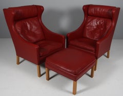 Børge Mogensen Wingback Chairs and Ottoman, Model 2202 / 2204, leather