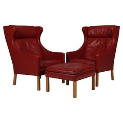 Børge Mogensen Wingback Chairs and Ottoman, Model 2202 / 2204, leather