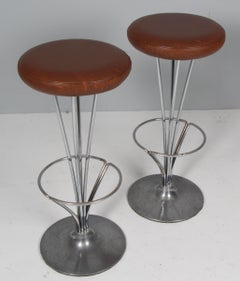 Paire de tabourets de bar « Piet Hein » de Fritz Hansen, en cuir, style moderne danois, années 1960