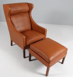 Børge Mogensen Wingback Chair & Ottoman, Leather & Teak, 1960s