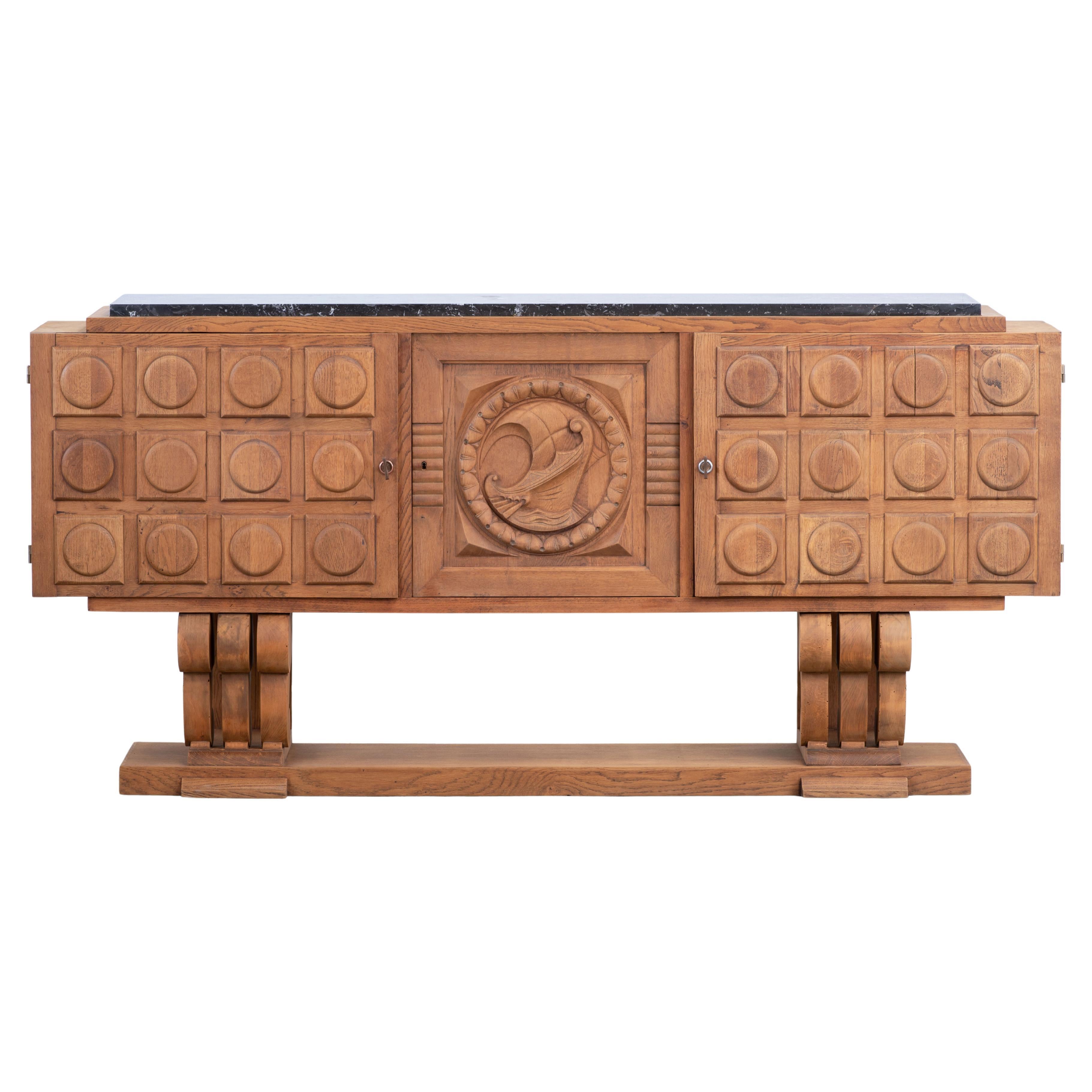 Brutalist Solid Oak Sideboard, France, 1940s For Sale