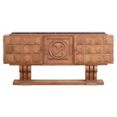 Brutalist Solid Oak Sideboard, France, 1940s