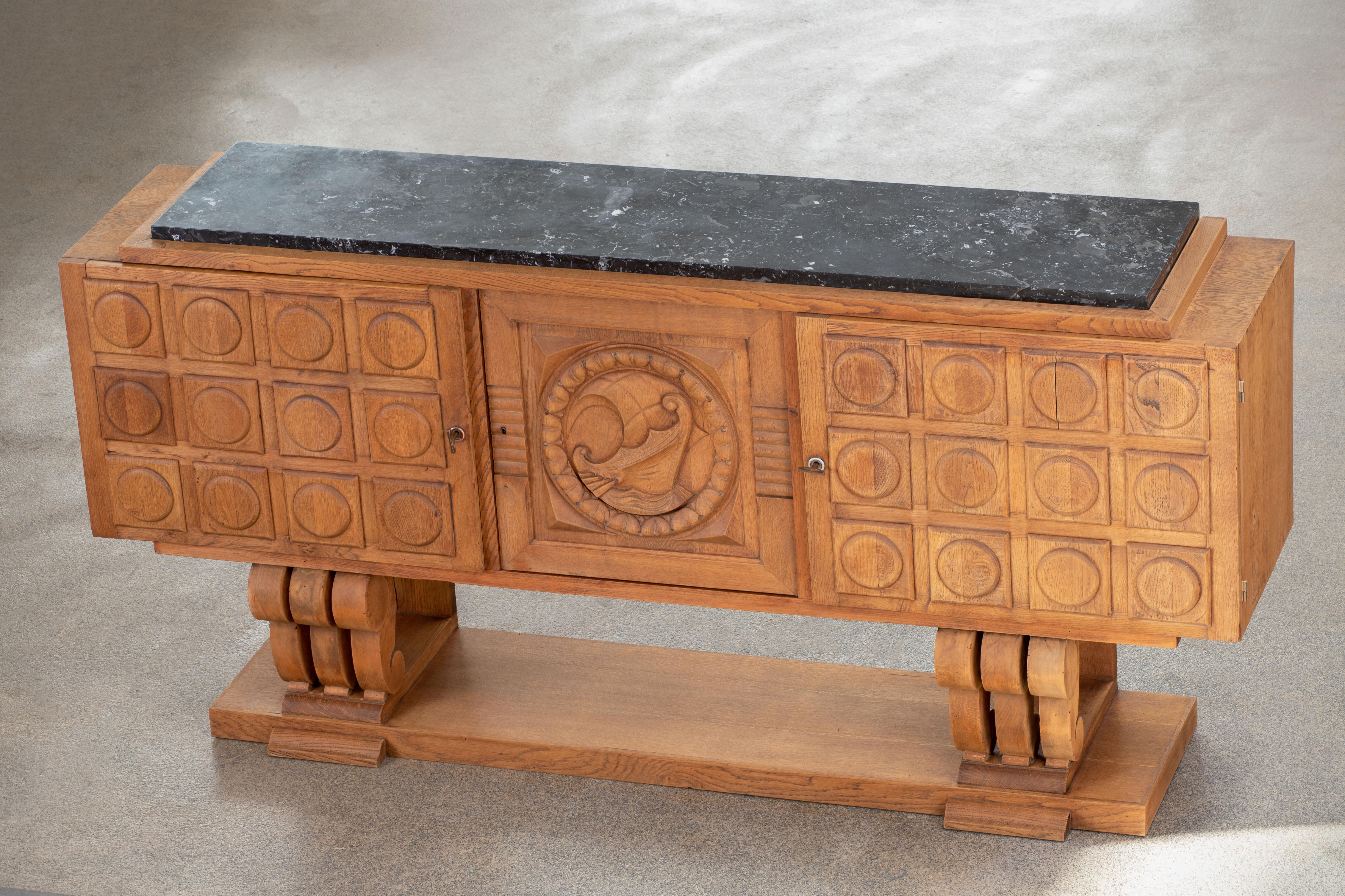 Brutalist Solid Oak Sideboard, France, 1940s For Sale 8